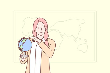 Education, teaching, geography concept. Young woman girl teacher cartoon character stands in class holds globe in hand showing countries. Getting geographical knowledge and back to school illustration
