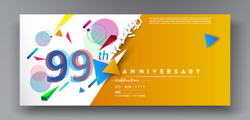 Naklejka premium 99th years anniversary logo, vector design birthday celebration with colorful geometric isolated on white background.