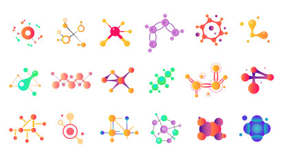 Cartoon Color Connected Molecules Icons Set. Vector