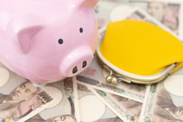 豚の貯金箱とがま口の財布