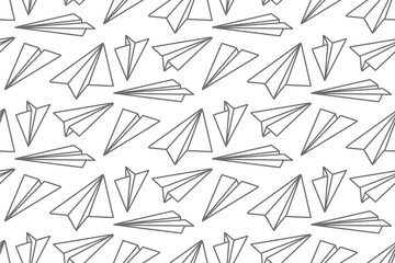 Seamless pattern flight of a paper plane line doodle style vector background 