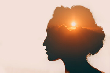 Woman with sun over clouds in her head. Mental health concept - Powered by Adobe
