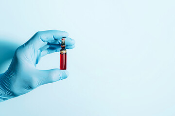 Hands in medical gloves holding syringe and ampoule on blue background. Copy space. Medicine,...