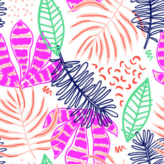 Fototapeta na wymiar Seamless tropical pattern with hand drawn plants, leaves and exotic flowers. Jungle summer background. Perfect for fabric design, wallpaper, apparel. Vector illustration