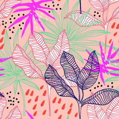 Seamless tropical pattern with hand drawn plants, leaves and exotic flowers. Jungle summer background. Perfect for fabric design, wallpaper, apparel. Vector illustration
