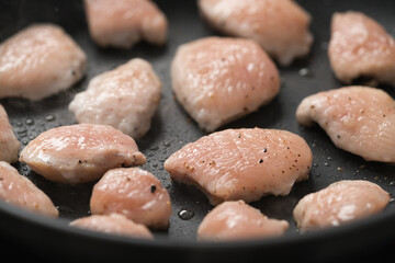 fying chicken fillet slices on nonstick pan