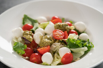 Salad with miced greens , tomatoes and mozzarella in white bowl
