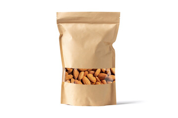 Standing Empty design Pouch Bag almond  Mockup on white isolated  with clipping path