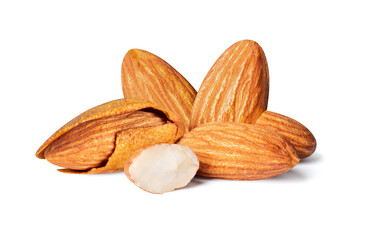 Almonds nuts group piece appetizing looking on white isolated with clipping path