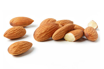 almonds situated arbitrarily on the white background with clipping path