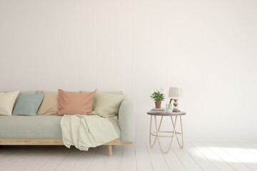White living room with sofa. Scandinavian interior design. 3D illustration
