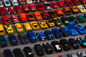 Close up view at the parking of toy cars.