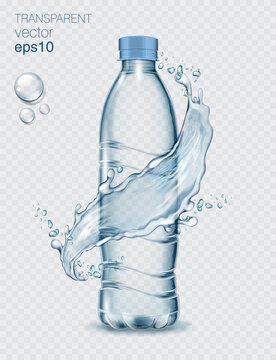 Transparent realistic vector plastic bottle with water and water splash on light background
