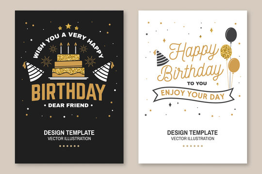 Wish you a very happy Birthday dear friend. Badge, card, with birthday hat, firework and cake with candles. Vector. Vintage typographic design for birthday celebration emblem in retro style