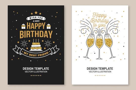 Happy Birthday to you. Stamp, sticker, card with Champagne glasses and cake with candles. Vector. Vintage typographic design for invitations, birthday celebration emblem in retro style