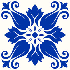 Blue and white Azulejo tile. Portuguese and Spain decor. Islam, Arabic, Indian, Ottoman motif. Vector Hand drawn pattern	