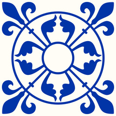 Blue and white Azulejo tile. Portuguese and Spain decor. Islam, Arabic, Indian, Ottoman motif. Vector Hand drawn pattern	