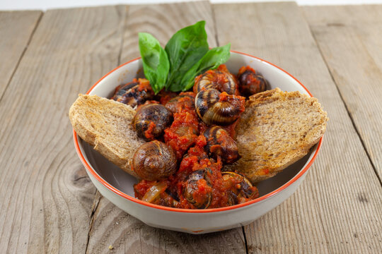 stewed snails with toast and basil
