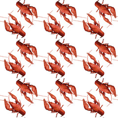Seamless pattern with red crayfish on white background. Endless crawfish texture. Raster illustration.