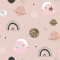 Childish seamless pattern with hand drawn space elements, rainbow, star, planet, galaxy. Trendy kids vector background.