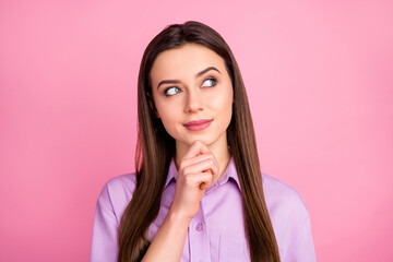 Fototapeta premium Close-up portrait of her she nice-looking attractive lovely charming cute curious smart clever straight-haired girl creating strategy overthinking isolated over pink pastel color background