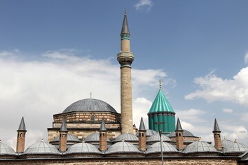 Konya Mevlana Museum, Religious building, Green minaret and museum inside. Mevlana Celaleddin-i Rumi is a sufi philosopher and mystic poet of Islam.