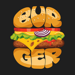 delicious large Burger stylized lettering, with juicy meat, fresh salad, tomatoes, cheese and spicy sauce