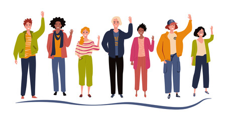 Fototapeta premium Group of seven happy friends. Young people together. People greeting gesture flat vector illustration in flat style
