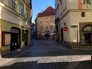 The streets around Old Town Square are completely deserted due to Coronavirus quarantine