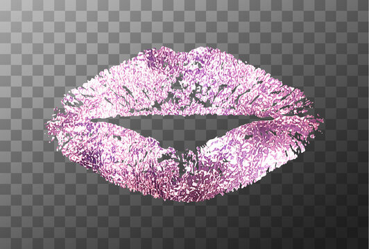 Imprint lips rose gold. Lipstick print isolated on white background. Imprint pomade rose golden. Glittering glamorous imprint for design. Pink lips makeup. Female mouth. Decorative element kiss