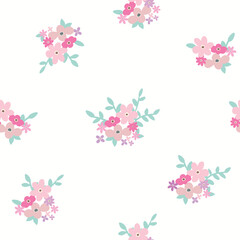 Colorful cute pink seamless floral pattern with Scandinavian bouquet on white background. 