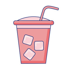 Vector illustration with lemonade in glass with slice of lemon tube and ice. Flat design vector icon. Pink color image. Cold drink.
