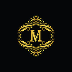 M letter  golden  flower  ornament. Vector logo. Monogram alphabet gold . Beautiful floral capital luxury