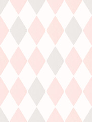 Pink and White Checkered Vector Pattern. Pastel Color Arlekin Print. Watercolor style Geometric Backdrop. Light Pink and Gray Diamonds isolated on a White Background. Caro  Repeatable Design.