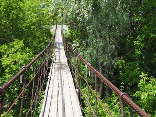Fototapety  podwieszany drewniany most nad rzeką w lesie