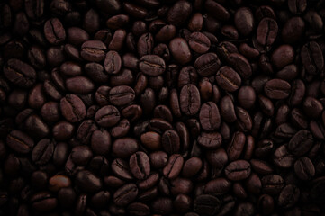 Mixture of different kinds of fresh roasted brown coffee beans in dark tones
