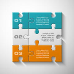Three piece puzzle business presentation. Circle infograph. 3 step process diagram. Three section compare banner. Square schedule diagram