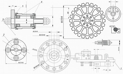 Mechanical Engineering drawing. Engineering Drawing Background. Vector Illustration. - obrazy, fototapety, plakaty