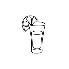 Outline Glass of tequila with lemon, doodle, black and white illustration. Vector Stock illustration.