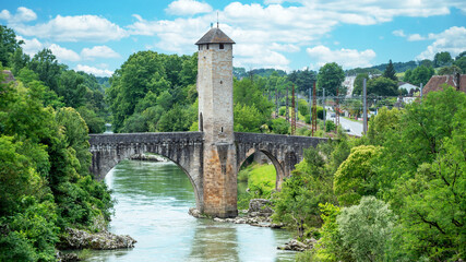 medieval bridge over river Gave de Pau in Orthez - France
