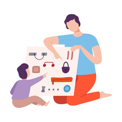 Father Playing Educational Game with his Son, Parent and Kid Spending Time Together at Home Flat Style Vector Illustration
