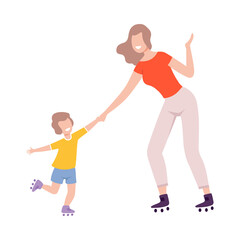 Fototapeta na wymiar Mother and Son Roller Skating, Parent and Kid Spending Time Together Flat Style Vector Illustration