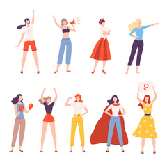 Strong Girls Set, Women Empowerment Movement, Gender Equality, Feminism, Freedom, Protest, Female Power and Rights Concept Flat Style Vector Illustration
