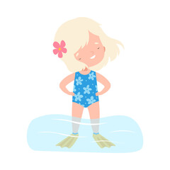 Lovely Blonde Girl Wearing Blue Swimsuit Standing in Water, Kids Summer Activities, Adorable Child Having Fun on Beach on Holidays Cartoon Vector Illustration