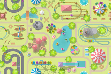 Seamless pattern. Amusement Park. (Top view) Attractions, paths, lake, circus, plants, tents. (View from above)