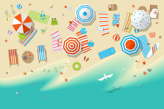 Vector illustration. Sunny beach view from above. Summertime - sea, sand, umbrellas, towels, chairs, clothes, objects. (Top view)