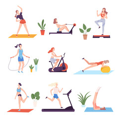 Fototapeta na wymiar Girls Doing Sports with Sports Equipment in Fitness Club, Gym or Home Set, Active Healthy Lifestyle Flat Style Vector Illustration