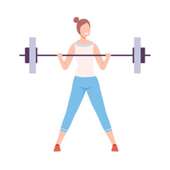 Naklejka premium Young Woman Lifting Barbell, Girl Doing Sports in Fitness Club, Gym or Home, Active Healthy Lifestyle Flat Style Vector Illustration