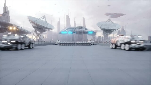invasion of military robots. Dramatic apocalypse super realistic concept. Future. 4k animation.