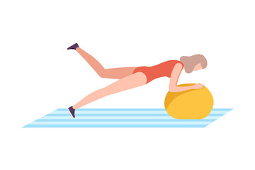 Young Woman in Sportswear Holding Plank Exercise on Fitball, Girl Doing Sports in Fitness Club, Gym or Home, Active Healthy Lifestyle Flat Style Vector Illustration